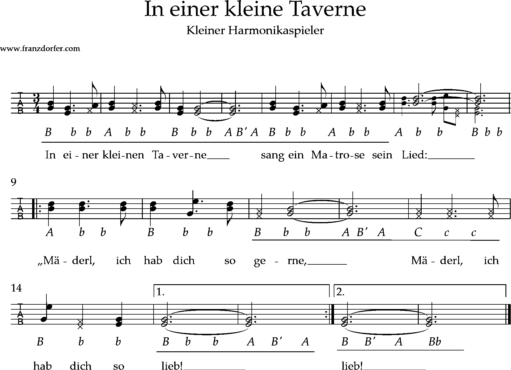 Steirische lernen- kleiner harmonikaspieler-Takt 13 auf Druck Griffschrift - In einer kleinen Taverne